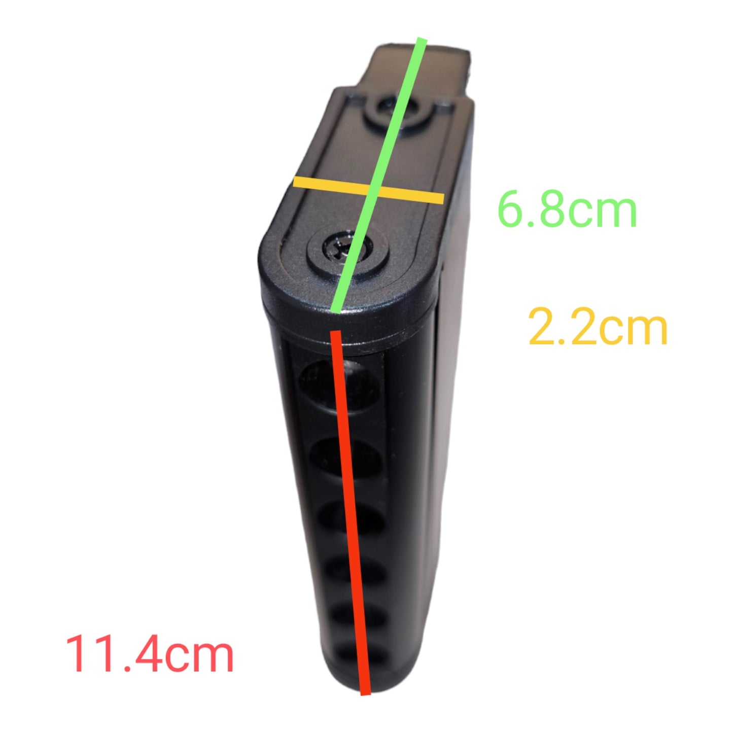 A black cylindrical product shown on a white background with colored measurement lines and text indicating dimensions: 11.4cm, 6.