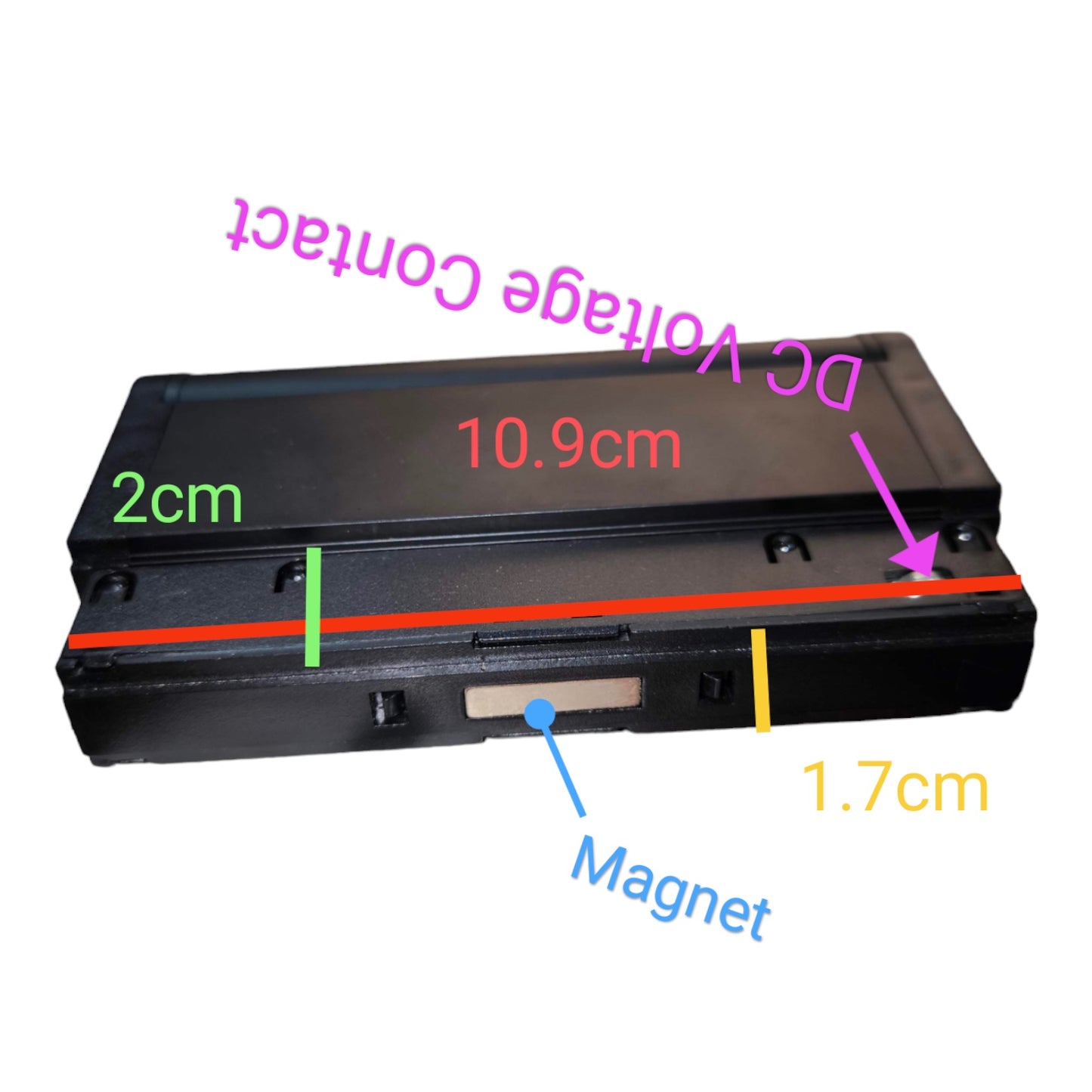 A black rectangular electronic component or battery-like device shown on a white background with overlaid measurement labels and arrows indicating dimensions: 10.9 cm, 2 cm, 1.