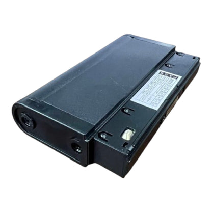 A black plastic replacement battery with a white specification label, shown on a plain white background.