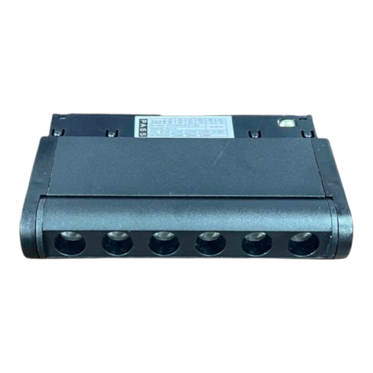 A black plastic electrical terminal block with six screw connection ports on the front face, photographed on a plain white background.