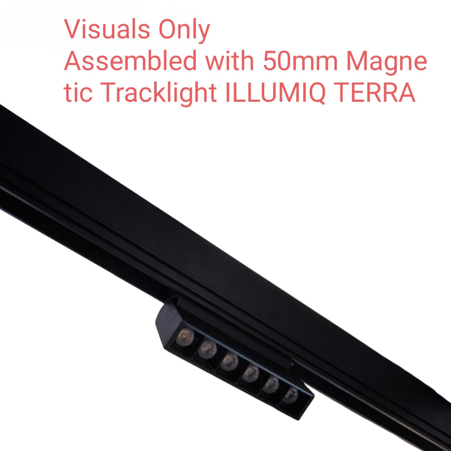 A close-up of a black linear tracklight with a magnetic head, shown on a white background with red text that reads 'Visuals Only Assembled with 50mm Magnetic Tracklight ILLUMIQ TERRA'.