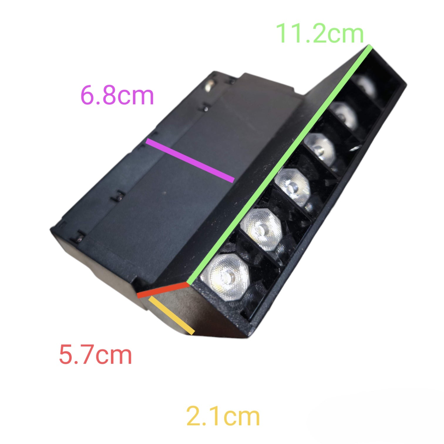 A black rectangular electronic component with six clear LED lenses on one end, overlaid with colored measurement lines and text labels showing dimensions 11.2cm, 6.