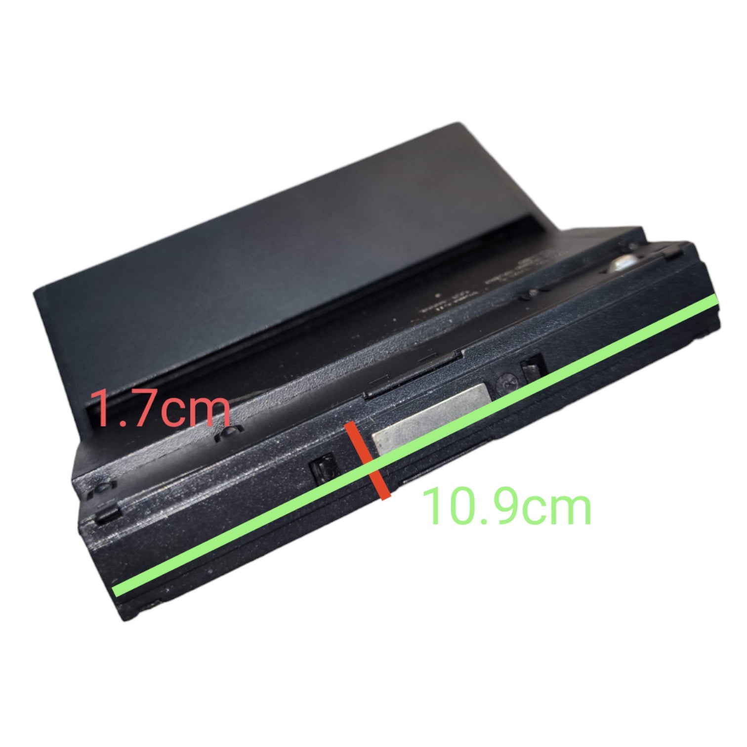 A black plastic rectangular component shown on a white background with overlaid dimension labels reading 10.9cm and 1.