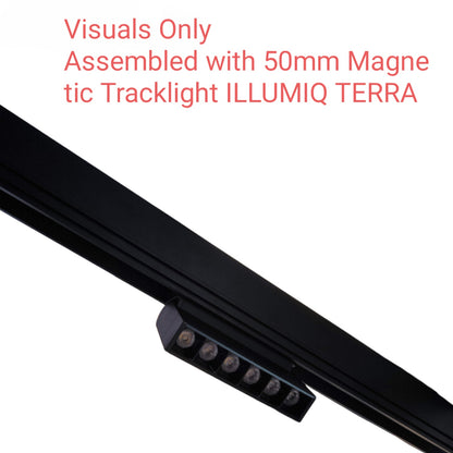 A close-up of a black linear tracklight with a magnetic head, shown on a white background with red text that reads 'Visuals Only Assembled with 50mm Magnetic Tracklight ILLUMIQ TERRA'.