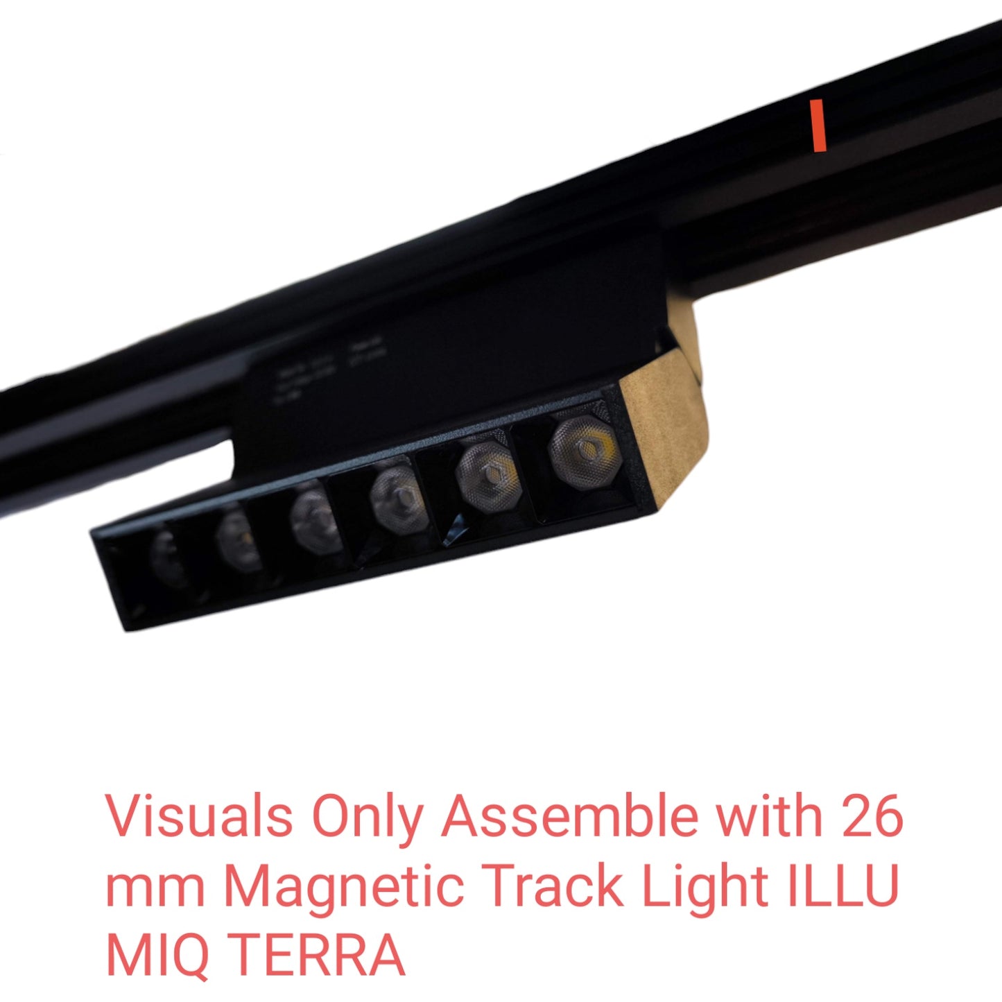 A black magnetic track light with six visible LED lenses, shown mounted on a black track bar against a white background, with red text at the bottom reading 'Visuals Only Assemble with 26 mm Magnetic Track Light ILLU MIQ TERRA'.
