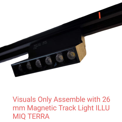 A black magnetic track light with six visible LED lenses, shown mounted on a black track bar against a white background, with red text at the bottom reading 'Visuals Only Assemble with 26 mm Magnetic Track Light ILLU MIQ TERRA'.