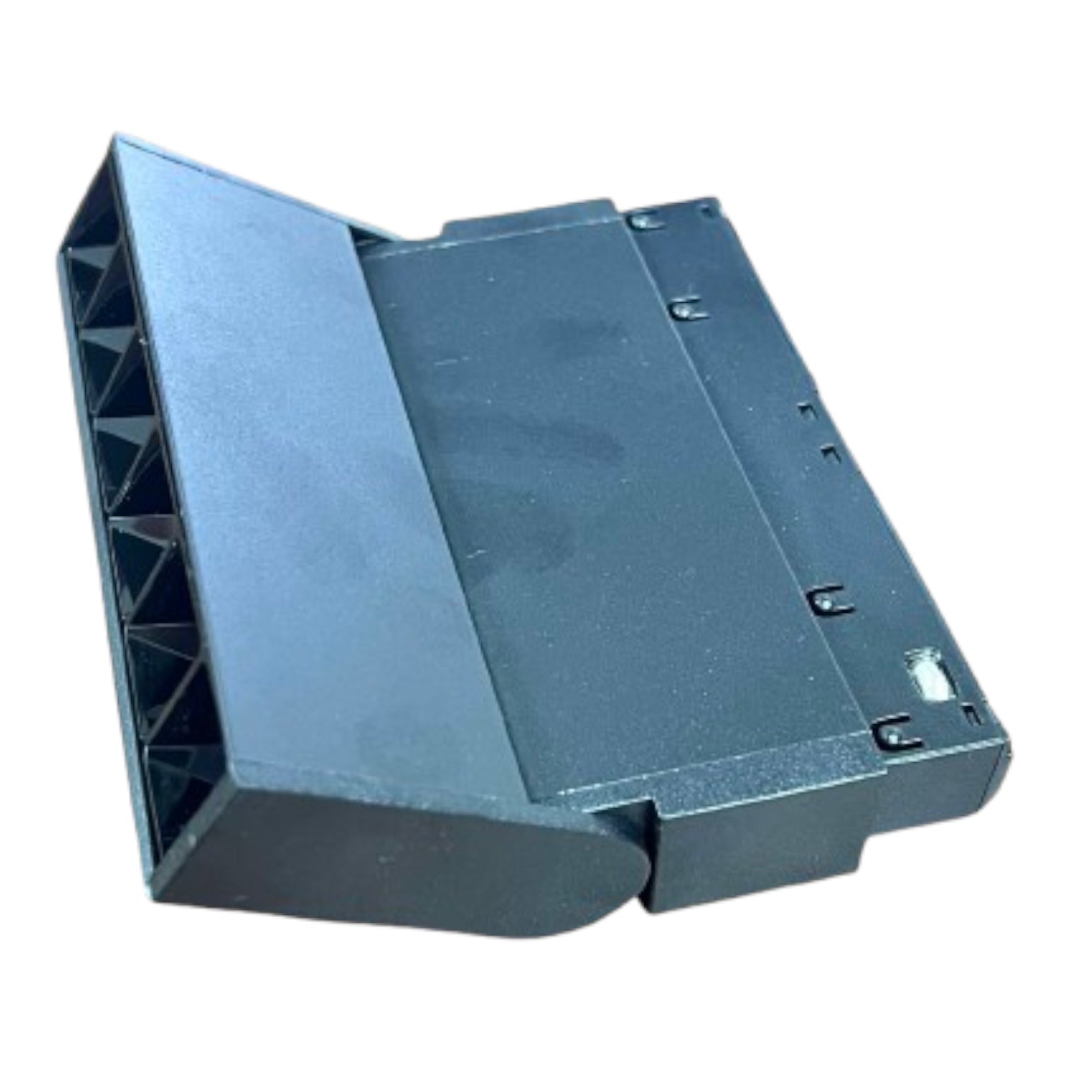 A dark gray plastic electronic connector block or adapter, shown from an isometric angle against a plain white background.