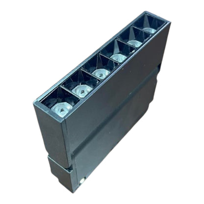 A black plastic electrical terminal block connector with six screw terminals visible on the top face, shown on a plain white background.
