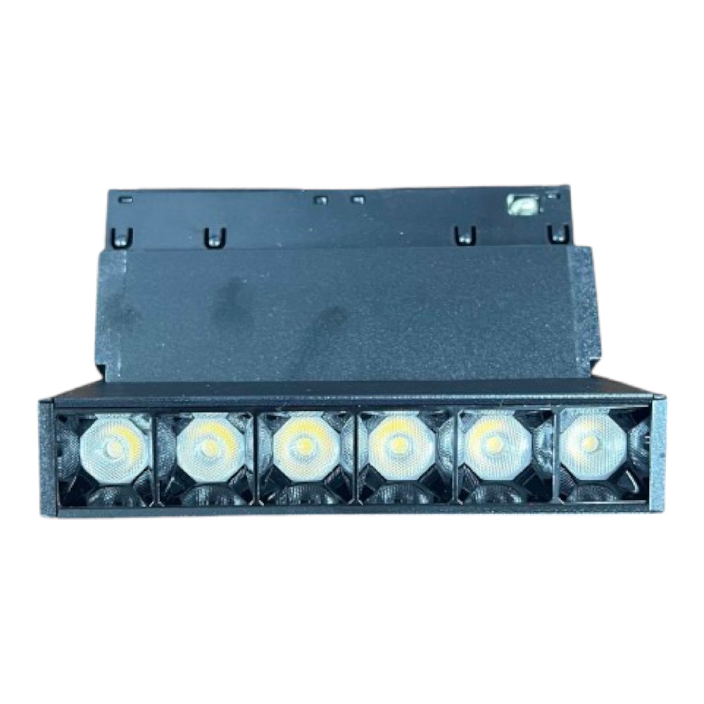 A black rectangular LED light bar or module with six illuminated circular LED chips visible on the front, shown against a plain white background.