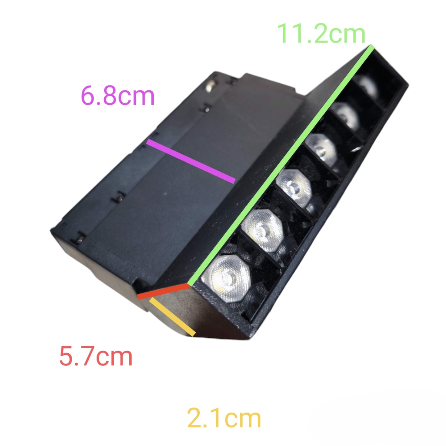 A black rectangular electronic component with six clear LED lenses on one end, overlaid with colored measurement lines and text labels showing dimensions 11.2cm, 6.