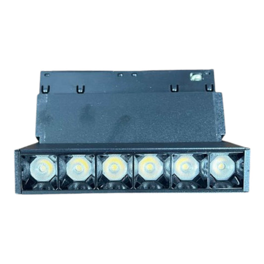 A black rectangular LED light bar or module with six illuminated circular LED chips visible on the front, shown against a plain white background.