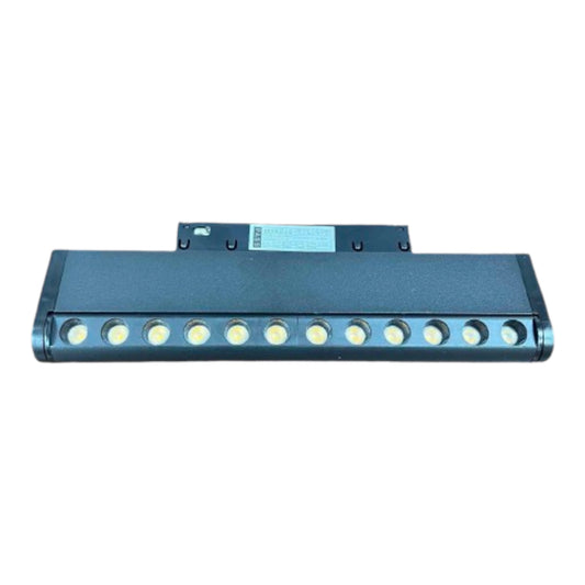 A long, rectangular black metal light fixture or lamp bar with multiple circular bulb sockets along the front, photographed on a plain white background.
