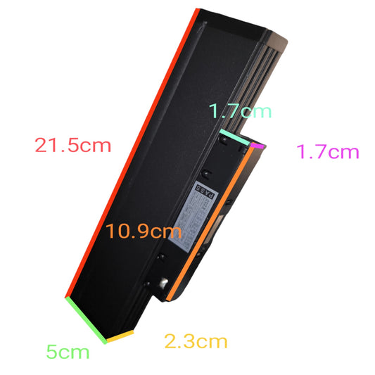 A black rectangular electronic device shown on a white background with overlaid dimension labels in red, orange, green, yellow, cyan, and purple indicating measurements such as 21.5cm, 10.