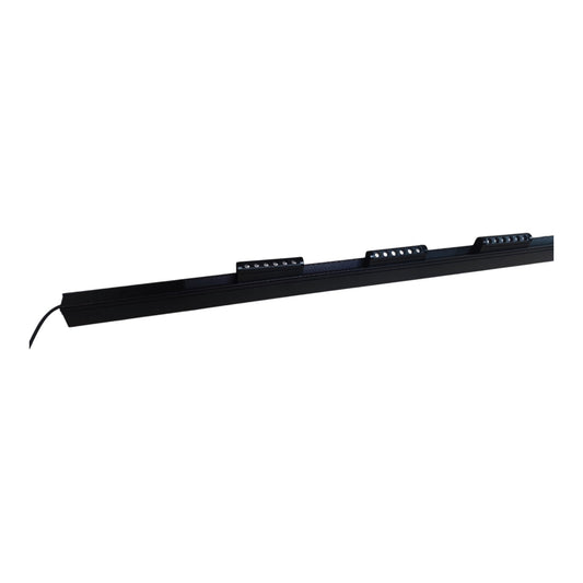 A long, slim black linear LED light bar with three mounting clips and a power cable on the left, shown against a plain white background.