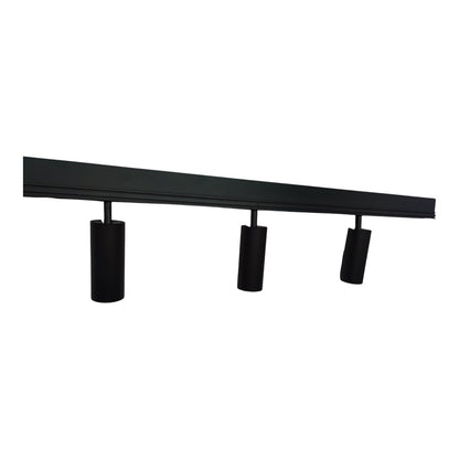 A modern black linear ceiling track light fixture with three adjustable cylindrical spotlight heads, shown against a plain white background.