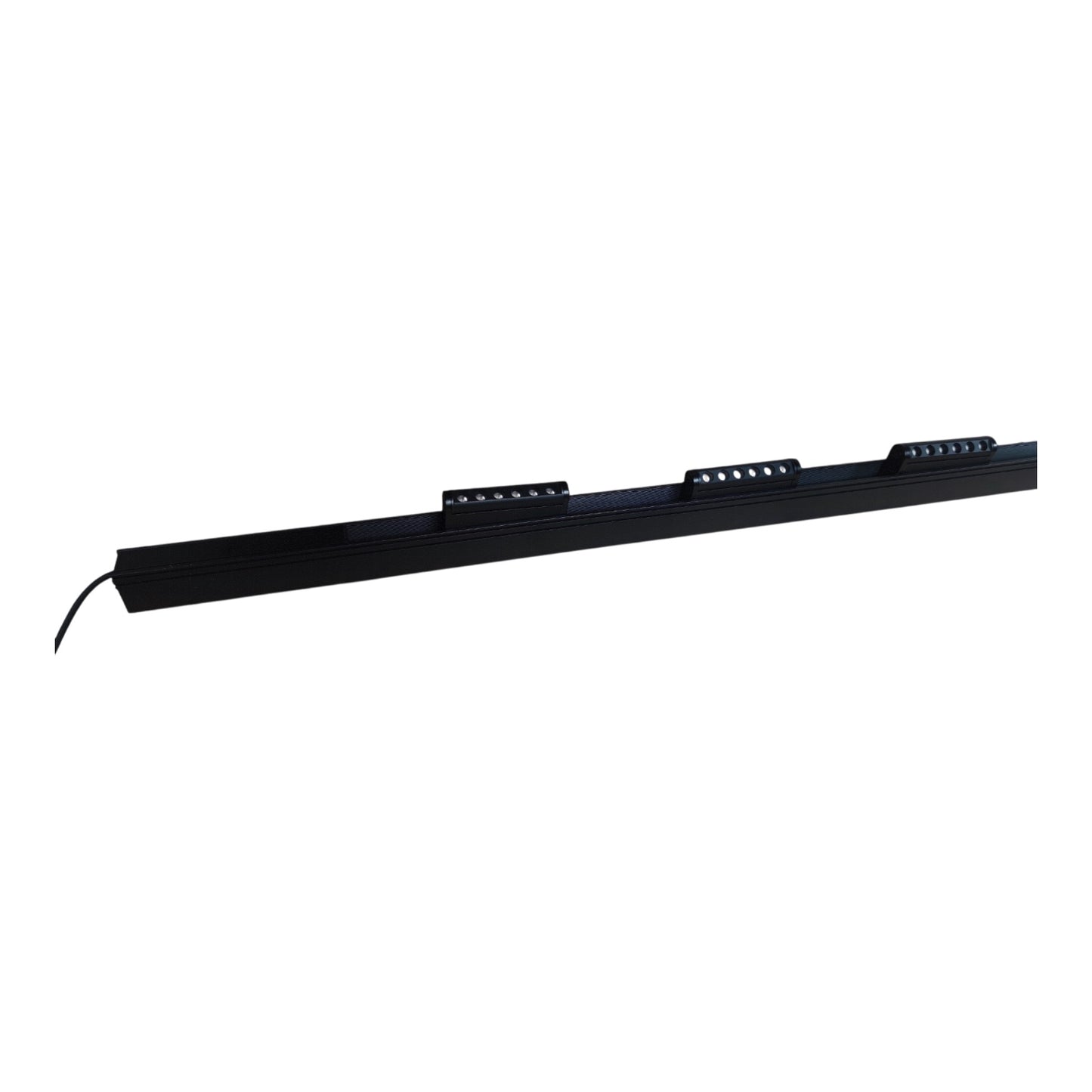 A long, slim black linear LED light bar with three mounting clips and a power cable on the left, shown against a plain white background.
