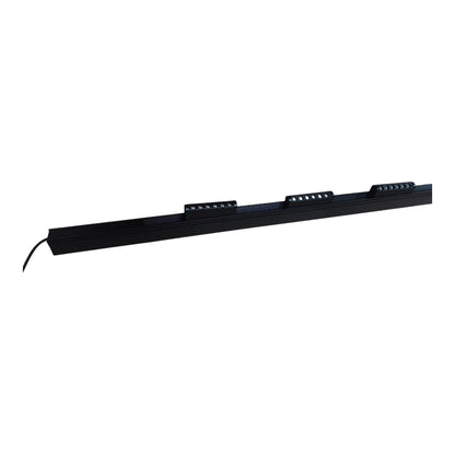 A long, slim black linear LED light bar with three mounting clips and a power cable on the left, shown against a plain white background.
