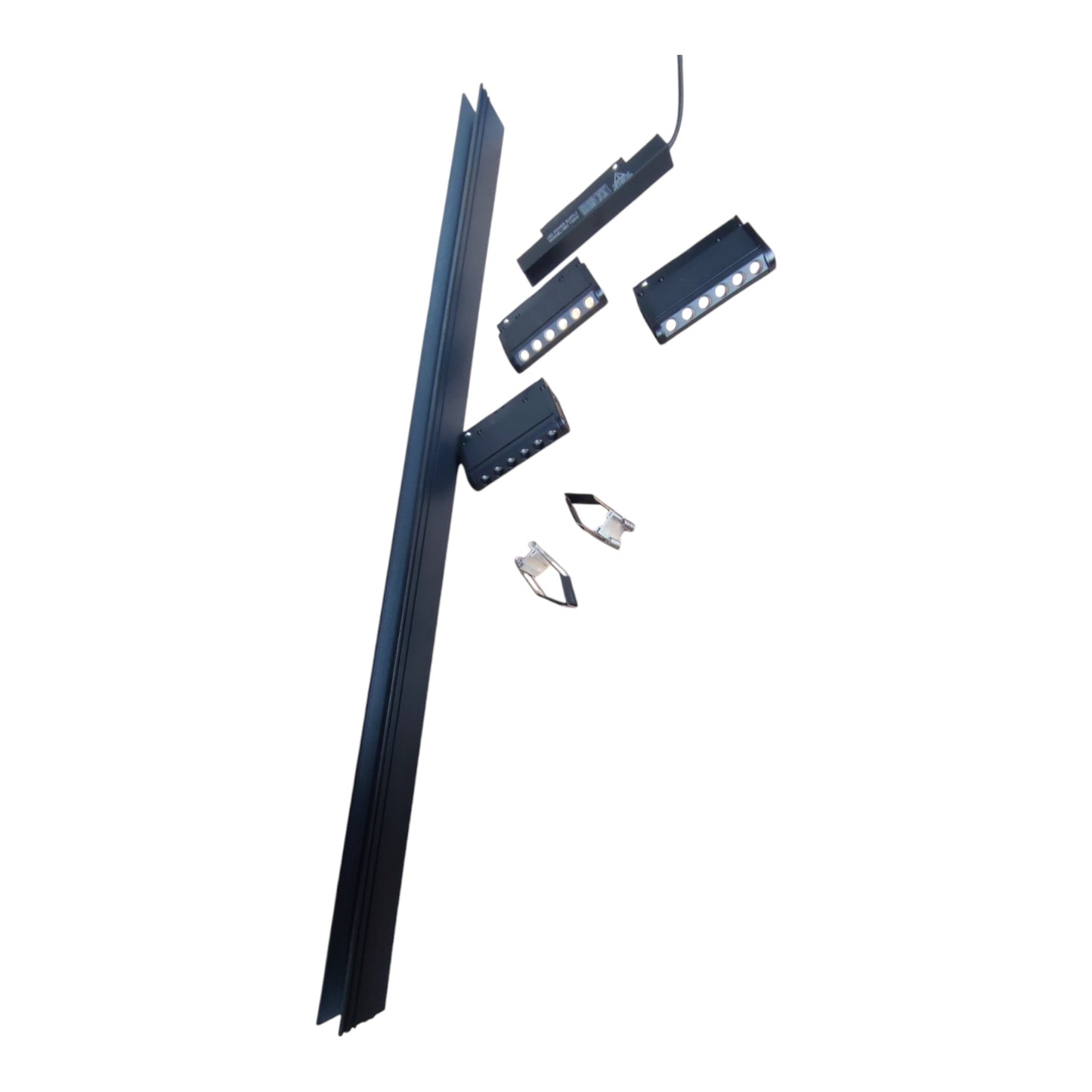 A black metal LED linear light track kit with a long vertical track, several rectangular light modules, mounting brackets, and a cable, shown on a plain white background.