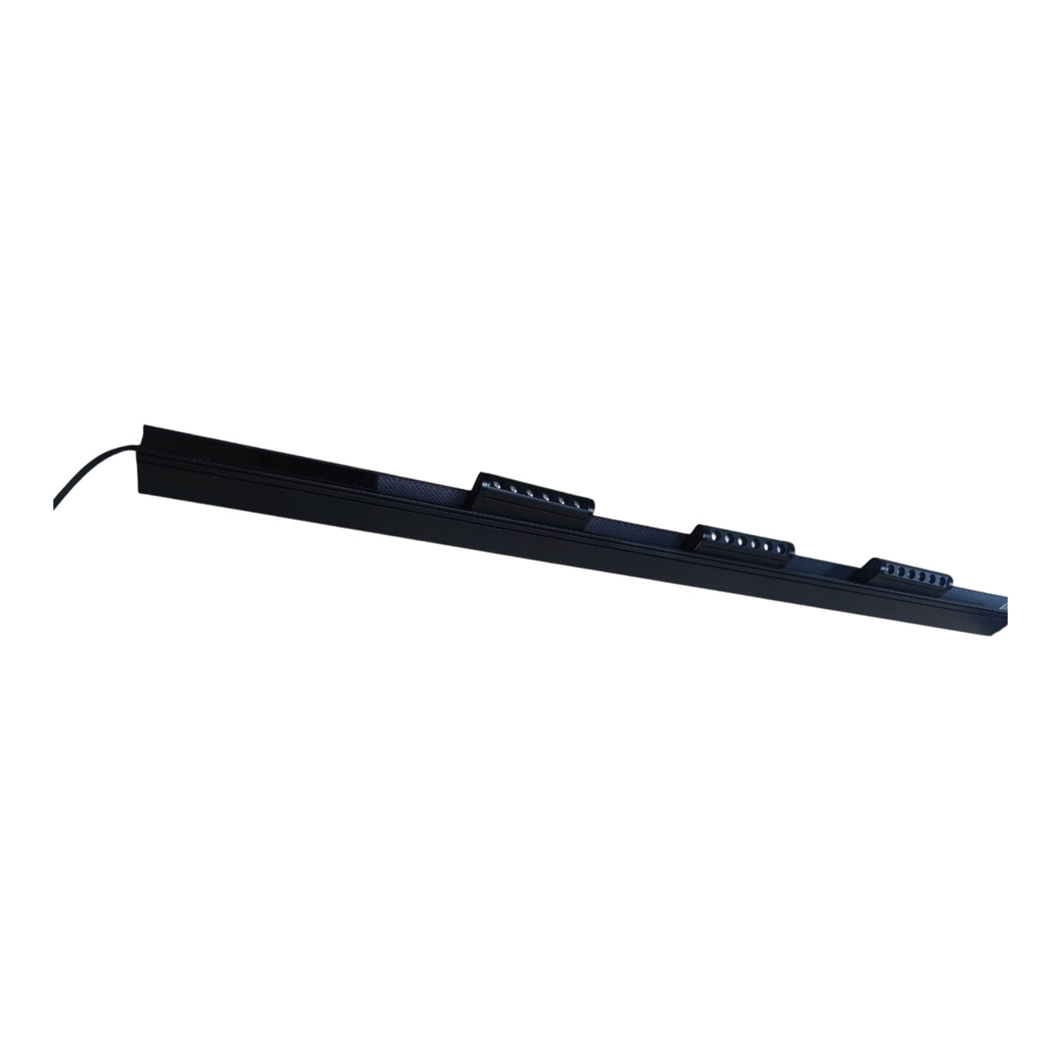 A long, slim black linear LED light bar with mounting clips and a power cord, shown diagonally on a plain white background.