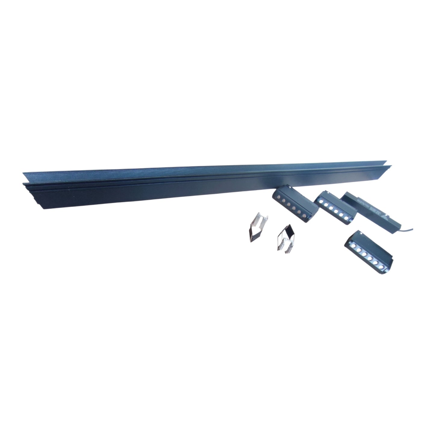 A long dark blue metal track or bar shown on a plain white background, with several small matching rectangular components and two small silver clips arranged beside it.