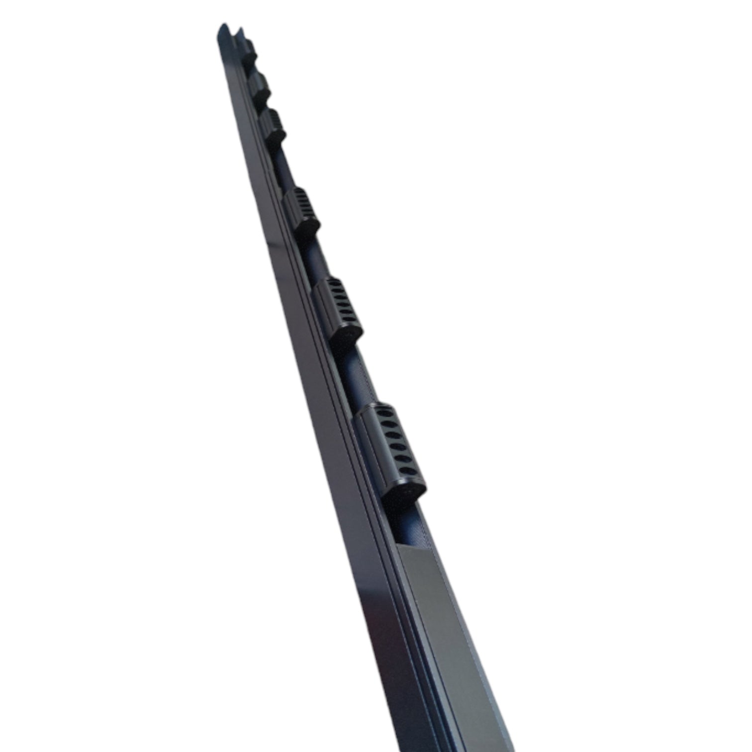 A single black automotive windshield wiper blade shown diagonally against a plain white background.