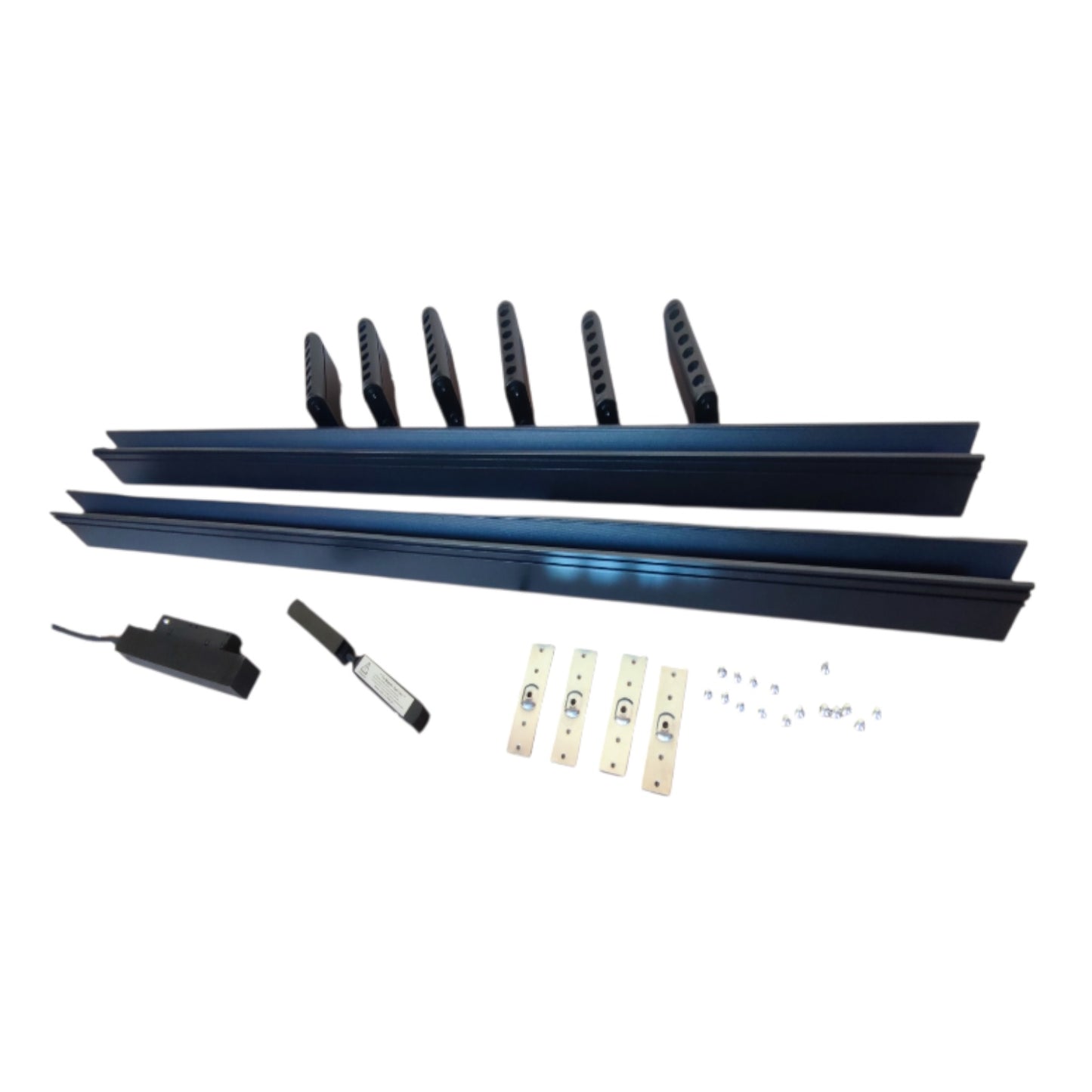 A set of dark blue metal stair rails with matching black handrails, mounting brackets, screws, and a small electronic control module on a plain white background.