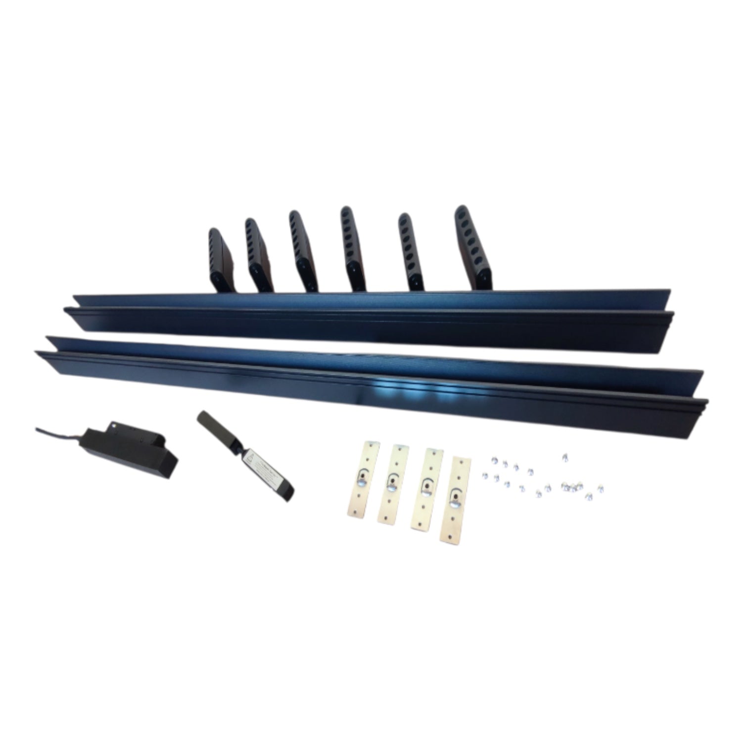 A set of dark blue metal stair rails with matching black handrails, mounting brackets, screws, and a small electronic control module on a plain white background.