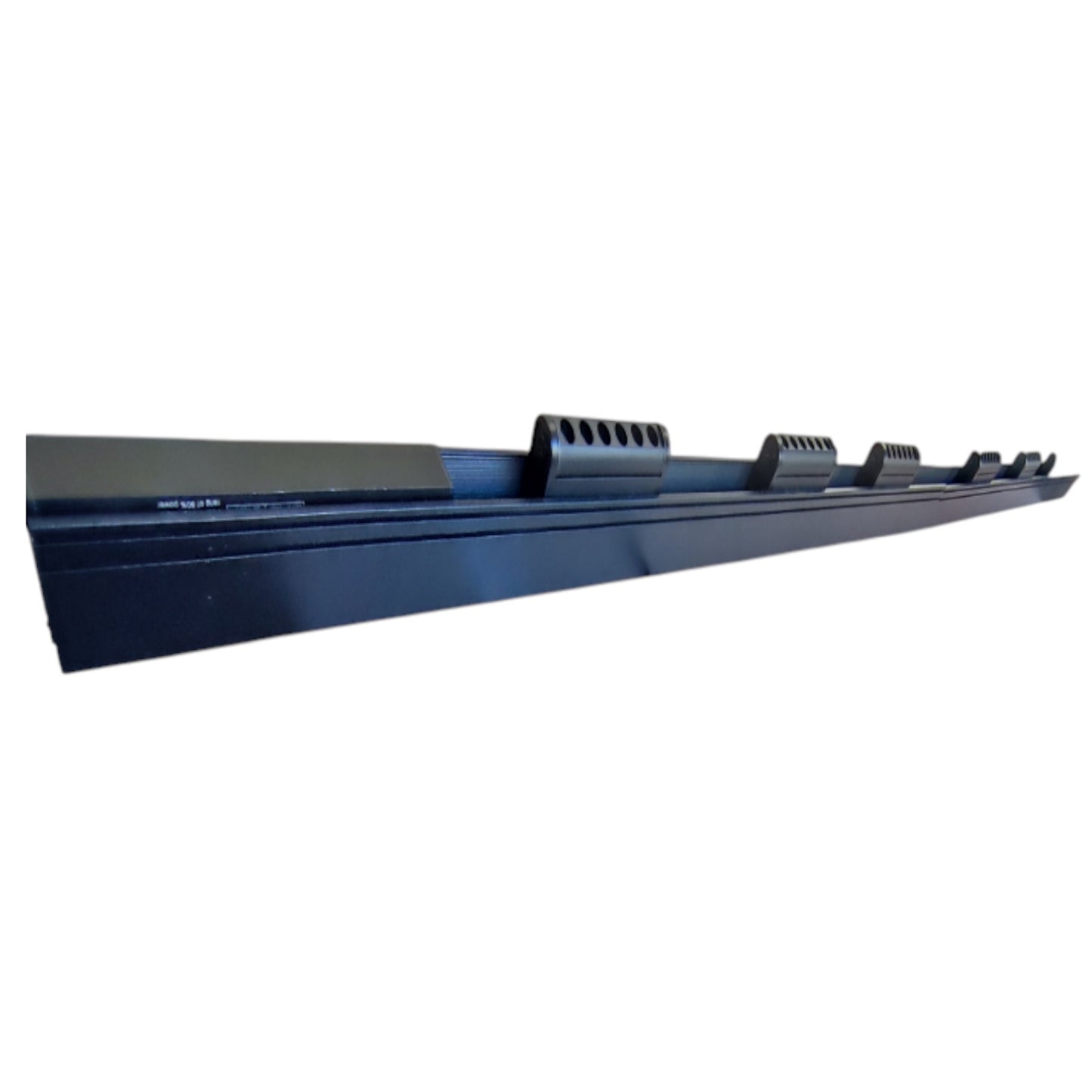 A long, narrow black metal mounting bracket or hardware component with multiple rectangular slots, shown on a plain white background.