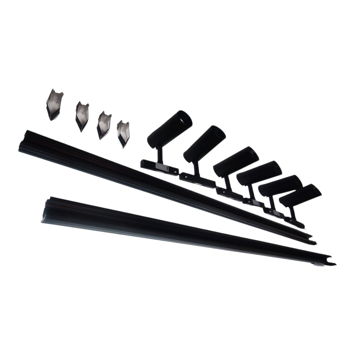 Black metal track bar accessories including two long track bars, four mounting brackets, and four small metal clips, arranged diagonally on a plain white background.