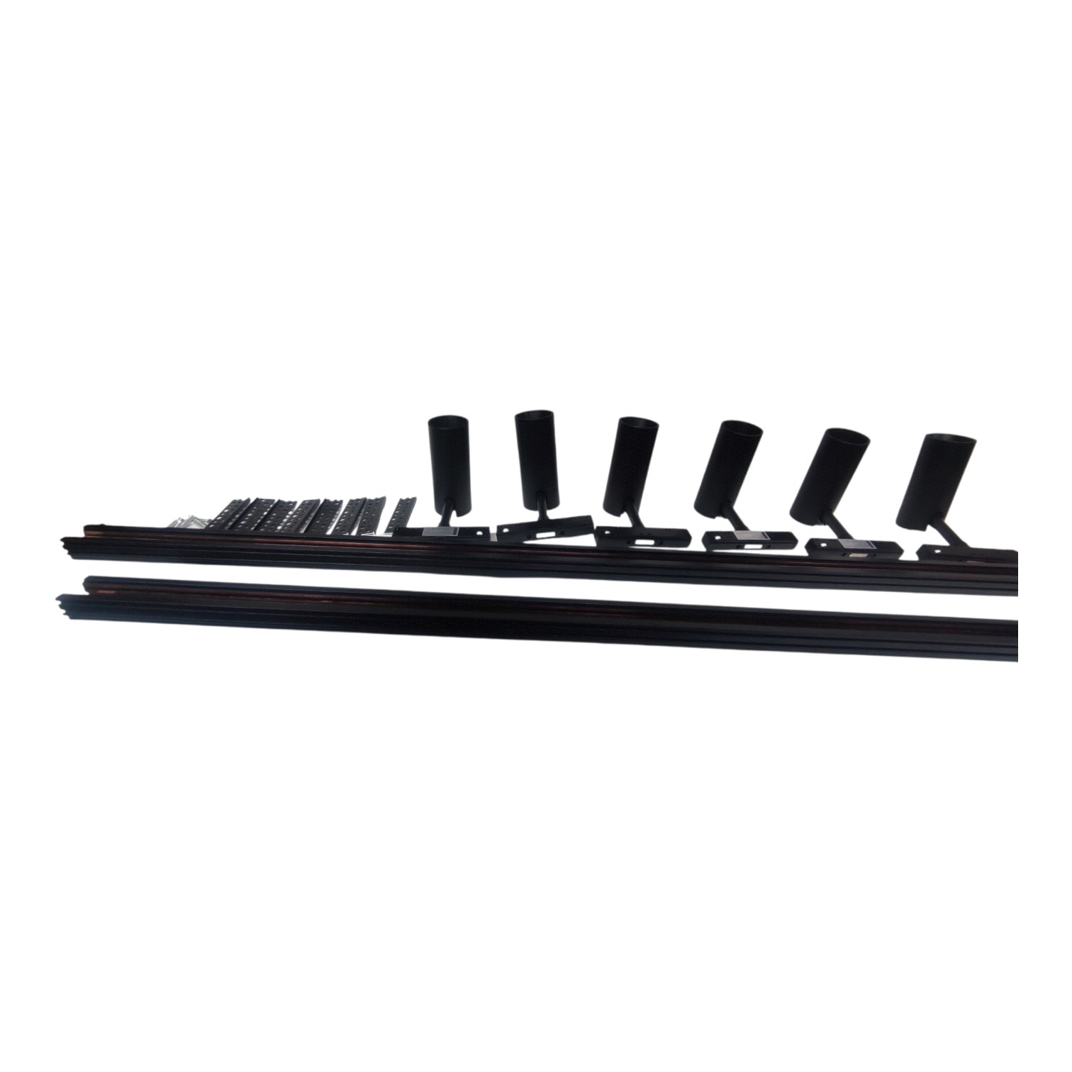 Black metal window screen bars with six cylindrical roller guards, shown against a solid white background.