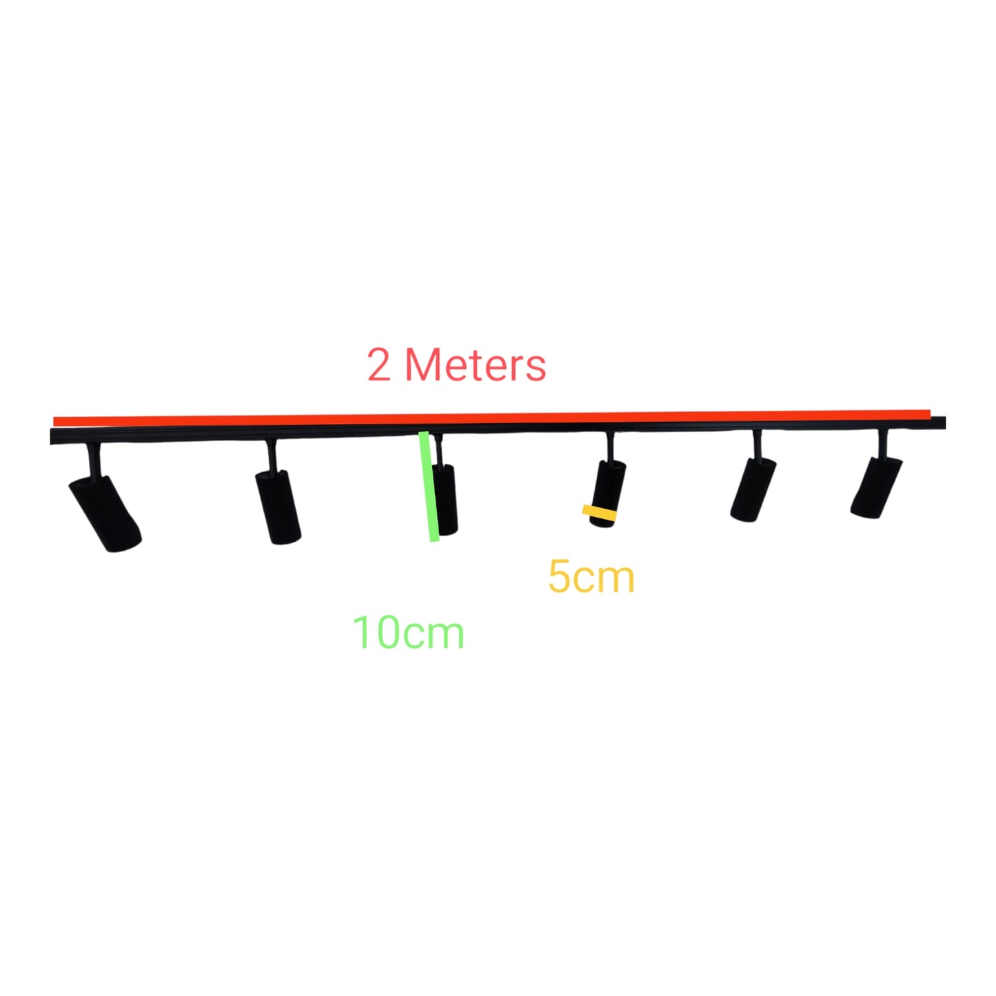 A black multi-light track fixture shown on a white background with overlaid dimension labels: '2 Meters' in red above the track, '10cm' in green below, and '5cm' in yellow near one spotlight.