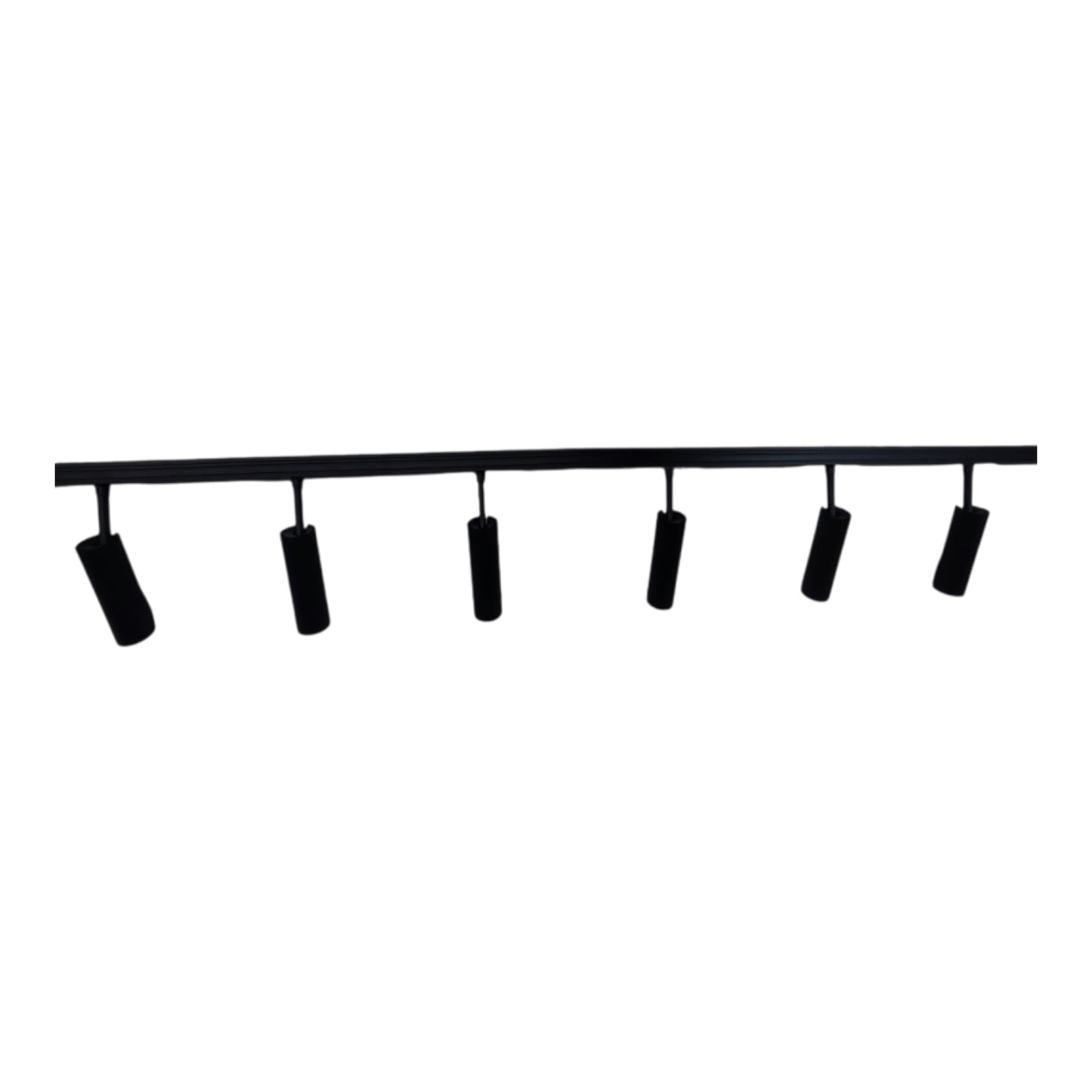 A black linear track light fixture with five adjustable cylindrical spotlight heads, shown against a plain white background.