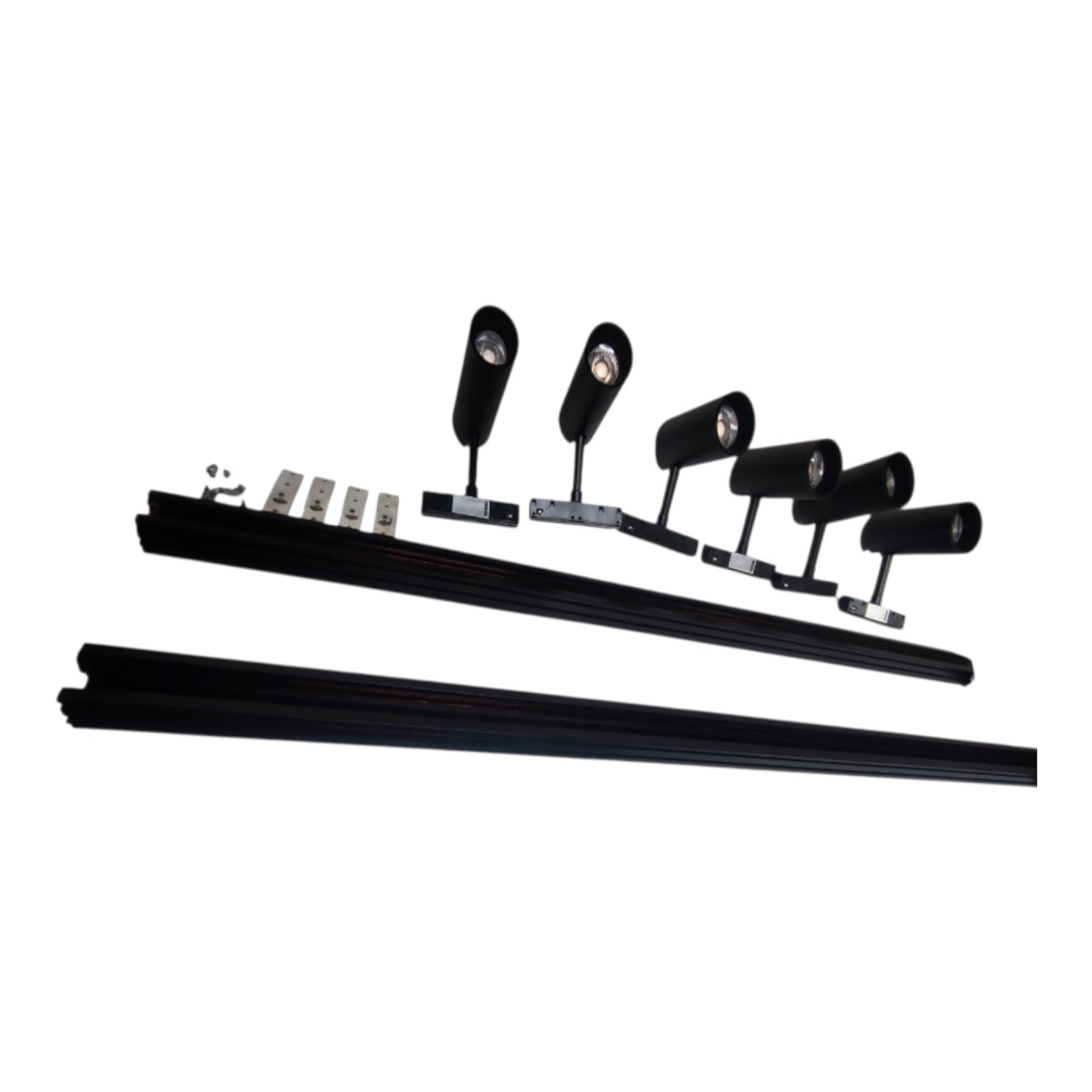 Black linear track lighting system with five adjustable spotlight heads, mounting hardware, and two long track sections on a plain white background.