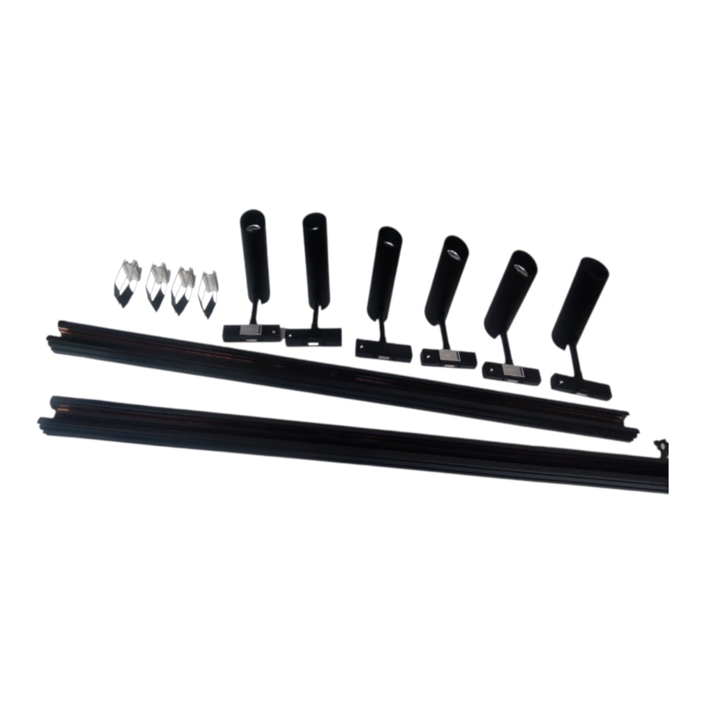 Black window track bar kit with six black roller assemblies, four silver metal mounting brackets, and two long black track rails on a plain white background.