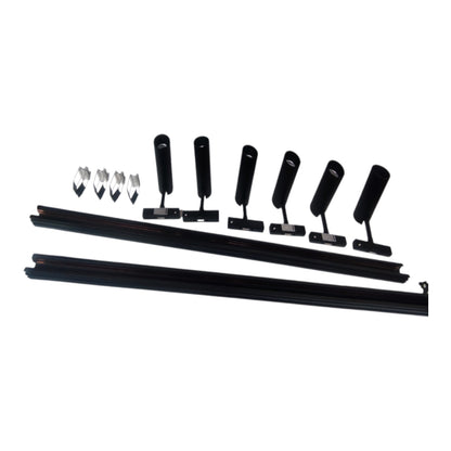 Black window track bar kit with six black roller assemblies, four silver metal mounting brackets, and two long black track rails on a plain white background.