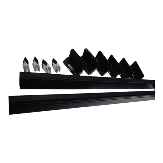 Black metal track profiles with multiple silver and black mounting brackets shown on a plain white background.