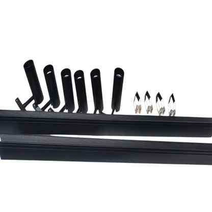 Black metal window screen frame accessories, including six mounting sleeves and four silver metal clips, shown on a plain white background.