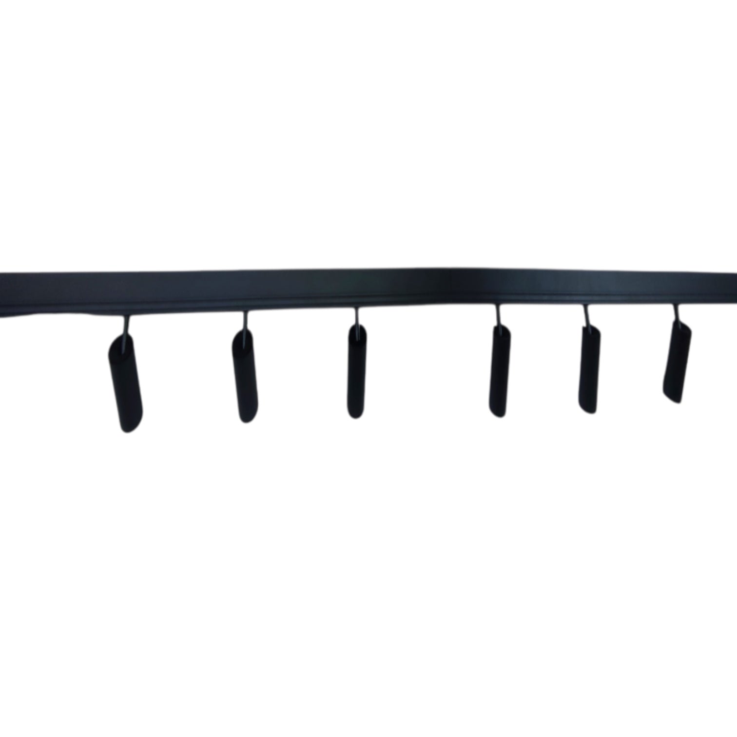 A black linear ceiling track with six evenly spaced cylindrical downlights, shown against a plain white background.