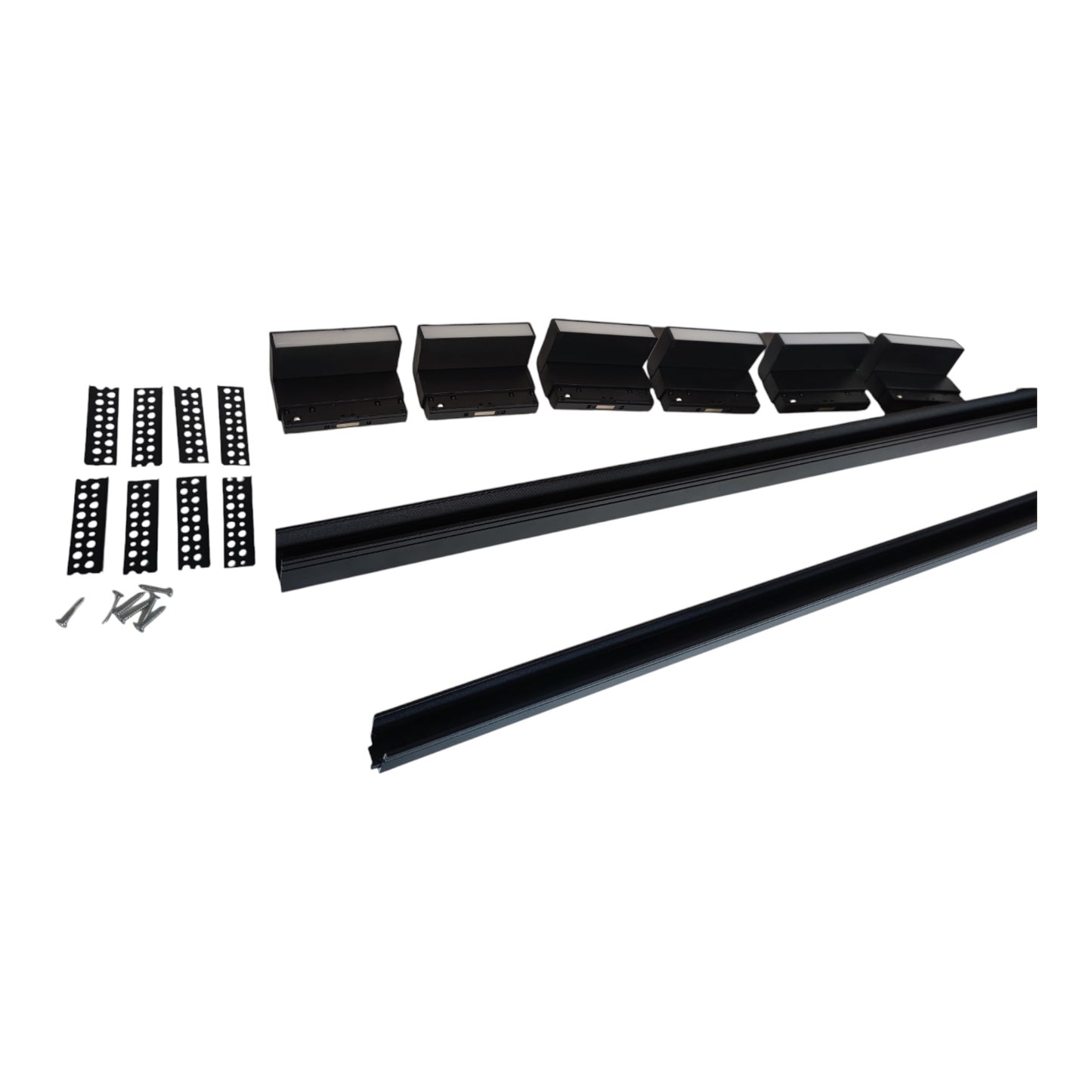 Black metal mounting hardware set including two long rails, six bracket pieces, and six screws, arranged on a plain white background.