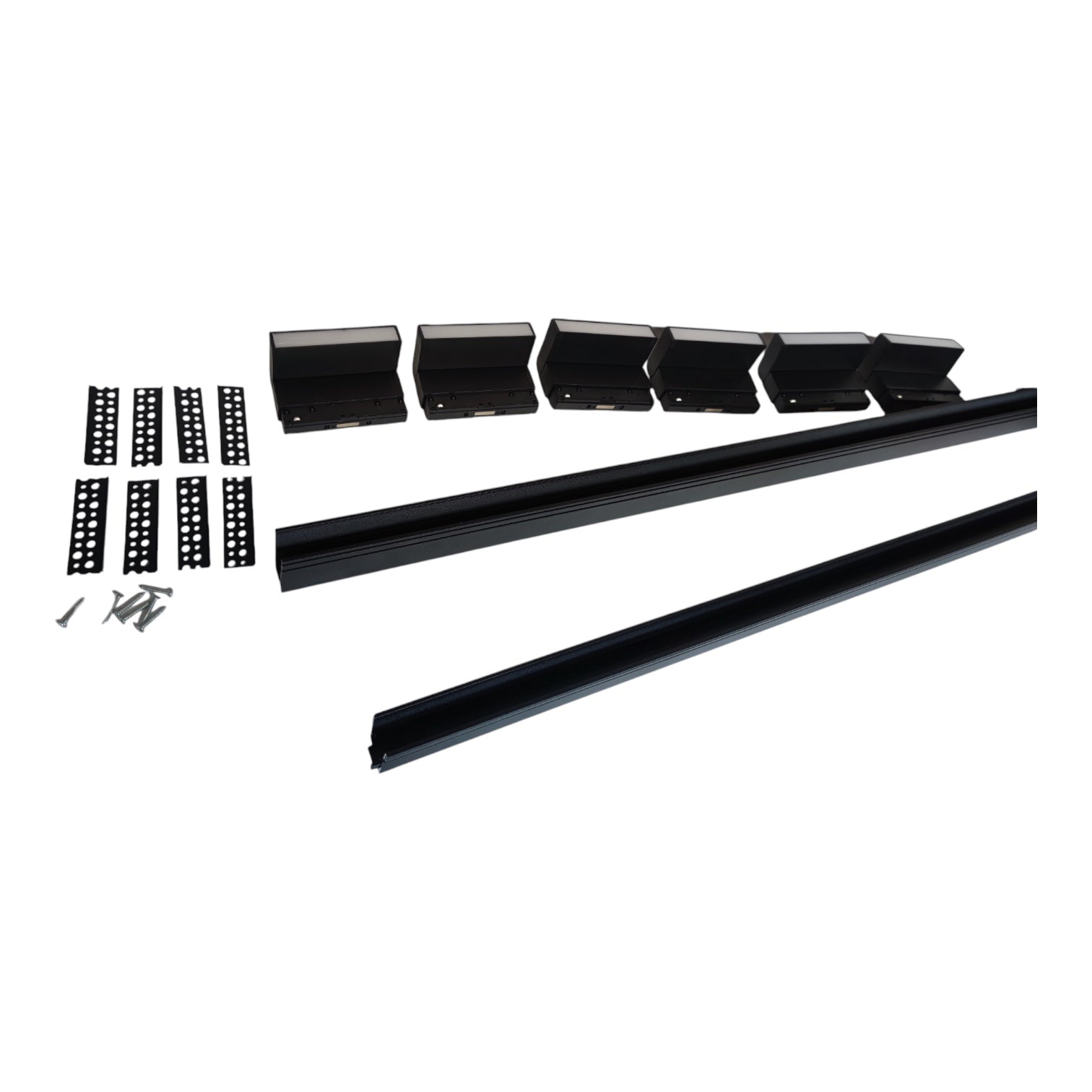 Black metal mounting hardware set including two long rails, six bracket pieces, and six screws, arranged on a plain white background.