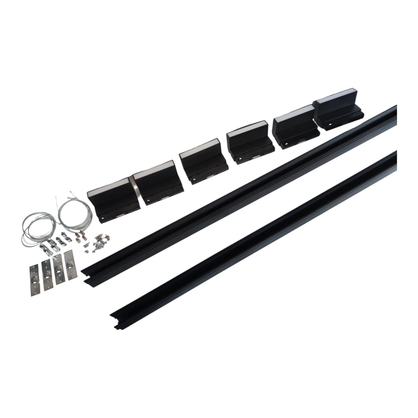 Black metal window trim track kit with two long black rails, six black mounting brackets, silver metal mounting plates, wire, and screws, arranged on a plain white background.