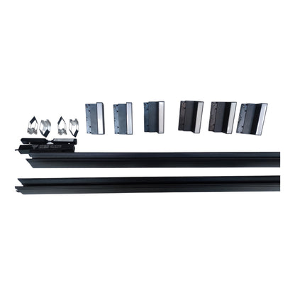 A set of black metal linear rails with various silver and black mounting brackets, clips, and hardware pieces arranged horizontally on a plain white background.