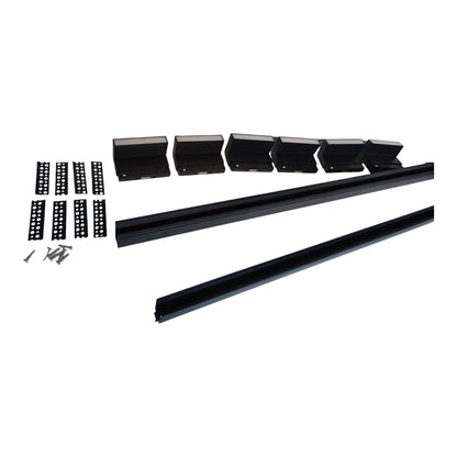 Black metal mounting hardware set including two long rails, six bracket pieces, and six screws, arranged on a plain white background.