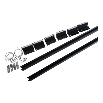 Black metal window trim track kit with two long black rails, six black mounting brackets, silver metal mounting plates, wire, and screws, arranged on a plain white background.