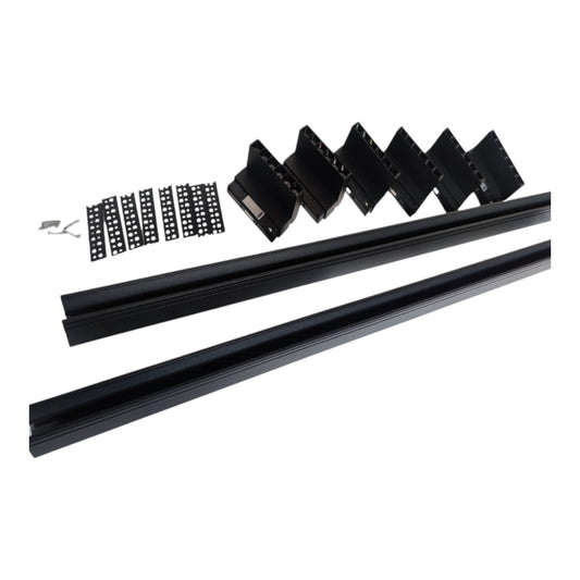 Black linear channel kit with mounting brackets and screws, shown on a plain white background.