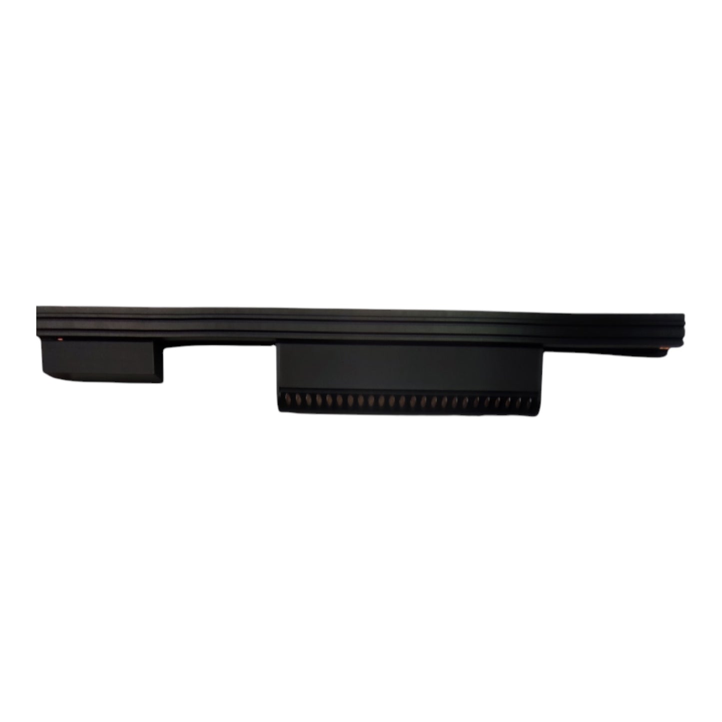 A black metal mounting bracket or clip shown from a side profile view against a solid white background.