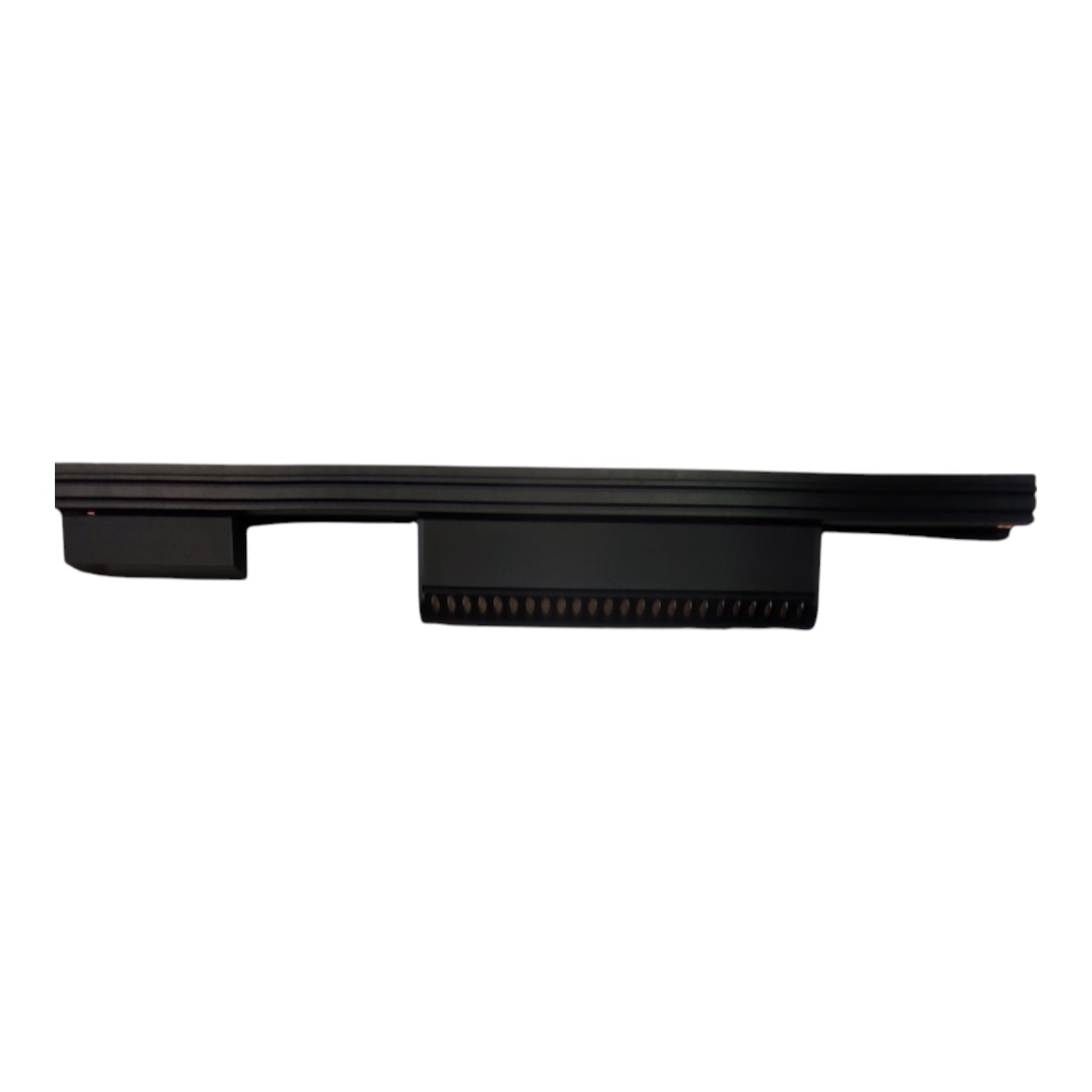 A black metal mounting bracket or clip shown from a side profile view against a solid white background.