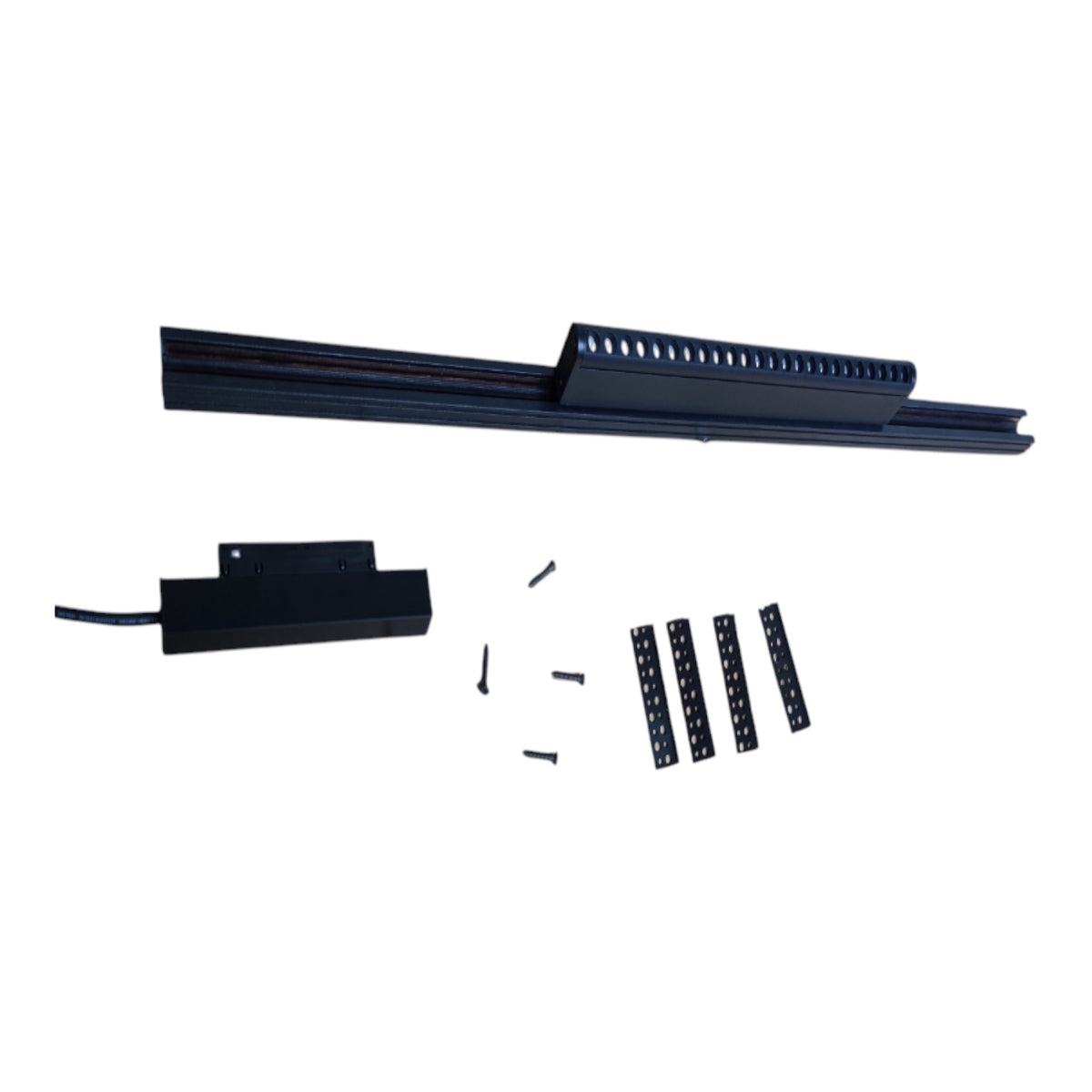 Black metal track lighting bar kit with a long linear light bar, a separate electronic control module with wire, and several mounting screws and bracket pieces, shown on a plain white background.