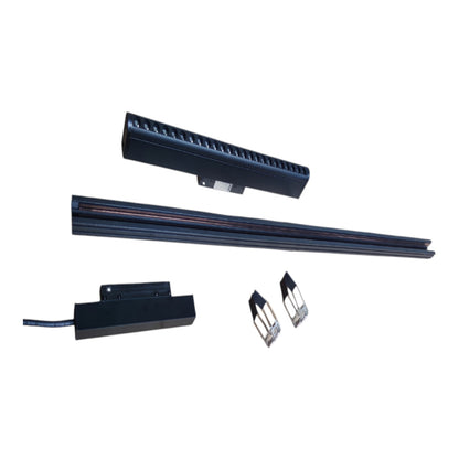 A set of black metal linear guide rails and corresponding sensor modules, shown on a plain white background.