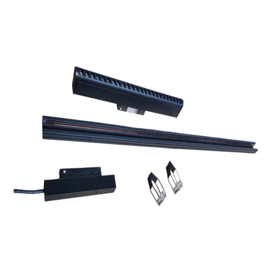 A set of black metal linear guide rails and corresponding sensor modules, shown on a plain white background.